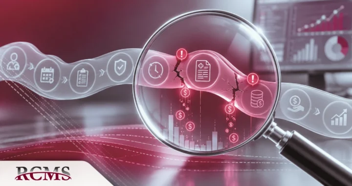 Magnifying glass revealing cracks and revenue loss in a healthcare revenue cycle workflow
