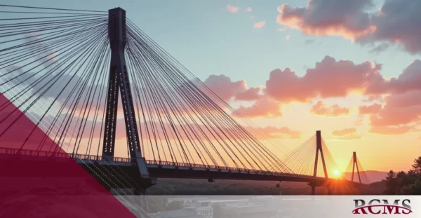 Suspension bridge photographed at sunrise with geometric graphical elements and RCMS logo