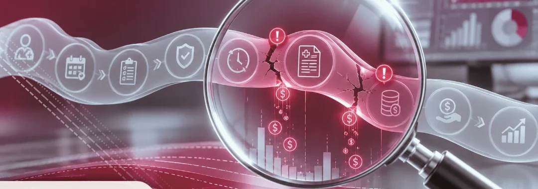 Magnifying glass revealing cracks and revenue loss in a healthcare revenue cycle workflow