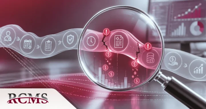 Magnifying glass revealing cracks and revenue loss in a healthcare revenue cycle workflow