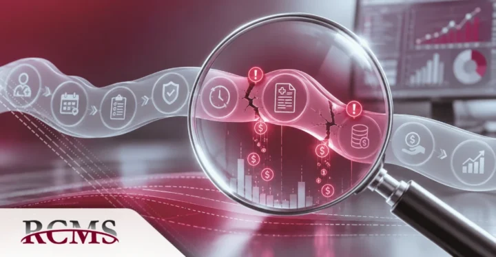 Magnifying glass revealing cracks and revenue loss in a healthcare revenue cycle workflow